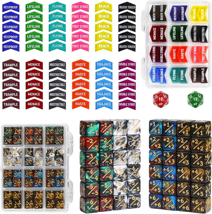 110PCS MTG Tokens & 12mm Magic Counter +1/+1 MTG Dice Set, Buff Ability Keywords Tokens Life Counters 6 Sided Dice, Compatible with Magic The Gatering CCG TCG Magic Card Game Accessories