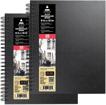ARTEZA Watercolor Sketchbook 2-Pack, 64 Pages Each, 9x12 Inches – Spiral-Bound, 140 lb Cold Press Paper, Black Hardcover for Watercolor & Mixed Media - Crafty Corner