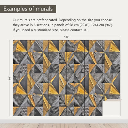 AFZEVEB-3D Geometric Wall Mural Gray and Gold Wallpaper for Bedroom 136"x96"(Not Peel and Stick)