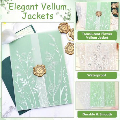 SWANGSA 50 Sets Wedding Invitations Wraps, Vellum Jackets for 5x7 Invitations & Self Adhesive Antique Gold Heart Wax Seal Stickers for Wedding Bridal Baby Shower Birthday Envelopes (White Wildflower)