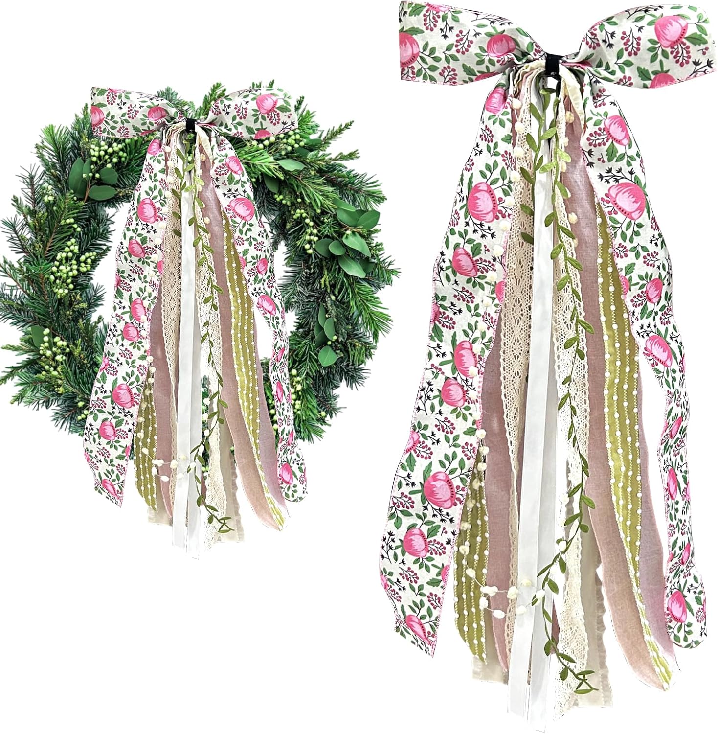 Large Flower Ribbon Bow for Wreath, Pink Floral Fabric Ribbons Set Assorted Leaves Lace Ribbon Green Dot Clip-On Wreath Sash Ribbons Bundle for Home Indoor Outdoor Decor - Crafty Corner