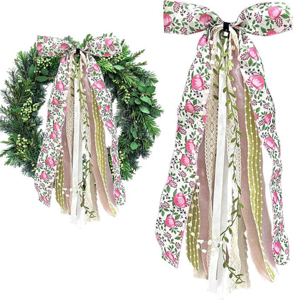 Large Flower Ribbon Bow for Wreath, Pink Floral Fabric Ribbons Set Assorted Leaves Lace Ribbon Green Dot Clip-On Wreath Sash Ribbons Bundle for Home Indoor Outdoor Decor - Crafty Corner