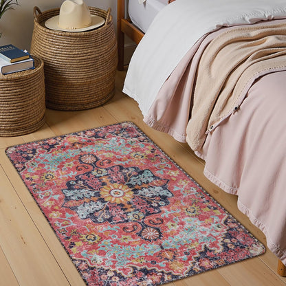 Lahome Bohemian Floral Medallion Area Rug - 2x3 Small Hot Pink Bath Rug Kitchen Sink Mat, Machine Washable Non-Slip Soft Indoor Carpet for Doormat Bedside Apartment Entrance, Fuchsia/Multi