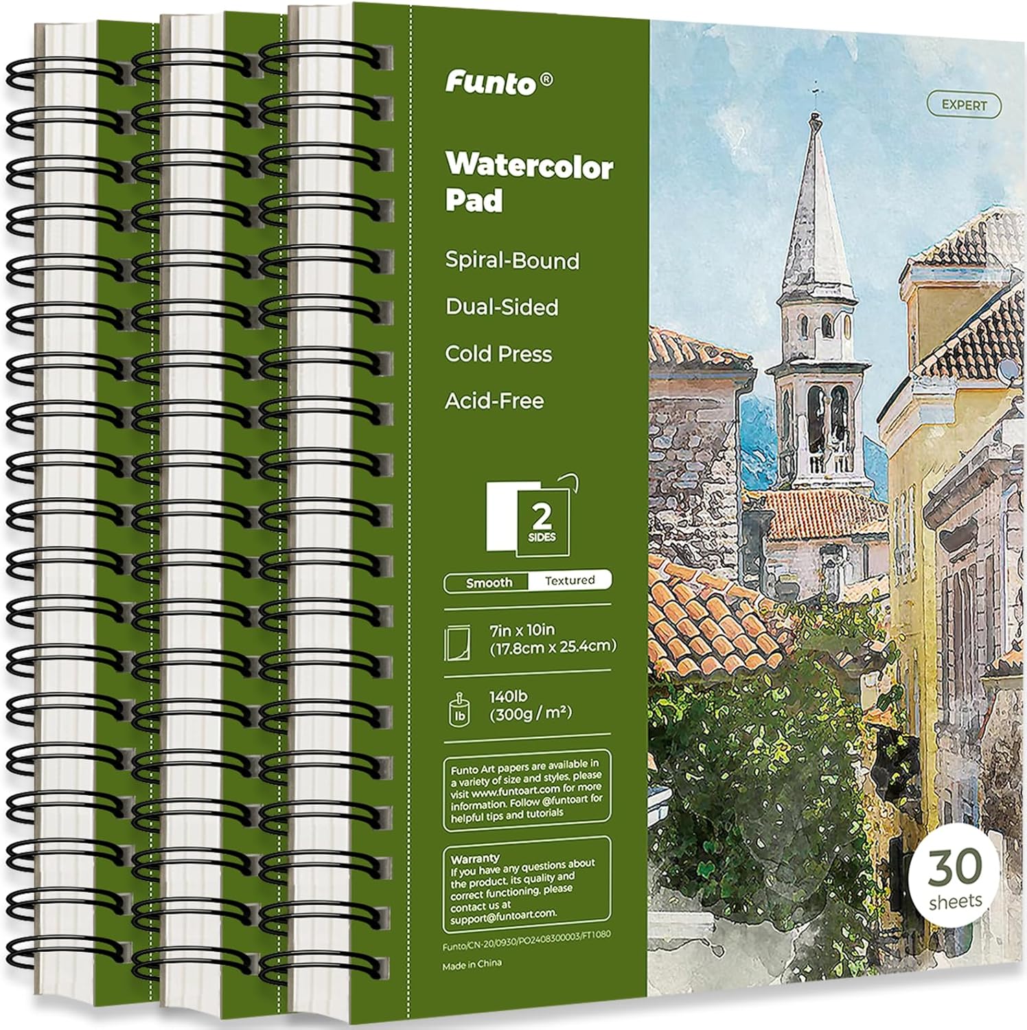Funto Watercolor Pad 10x7, 3-Pack, 90 Sheets, 140 lb/300 GSM, Double-Sided, Cold Press, Spiral Bound, Heavyweight Paper for Watercolor Painting - Crafty Corner