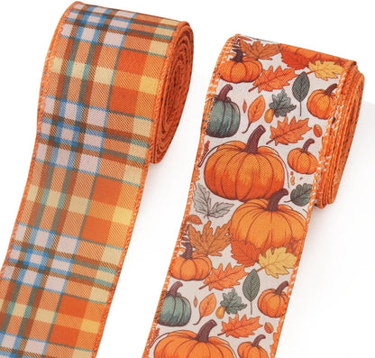 2 Rolls Fall Pumpkins Ribbons for Bows, Thanksgiving Wired Edge Burlap Ribbon Autumn Maple Leaves Plaid Ribbons for Gift Wrapping Thanksgiving Decoration Supplies - Crafty Corner