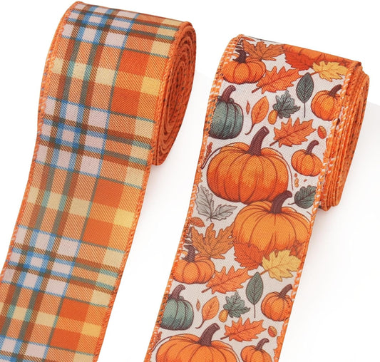2 Rolls Fall Pumpkins Ribbons for Bows, Thanksgiving Wired Edge Burlap Ribbon Autumn Maple Leaves Plaid Ribbons for Gift Wrapping Thanksgiving Decoration Supplies - Crafty Corner