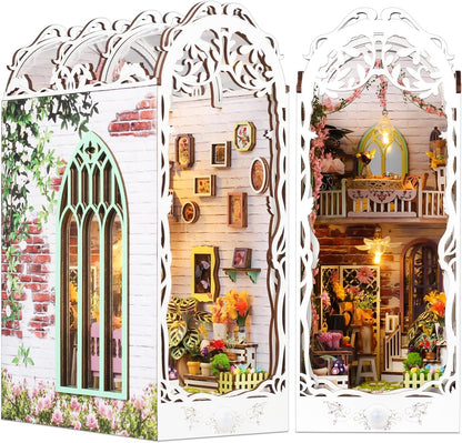 TuKIIE DIY Book Nook Miniature Kit, Booknook Dollhouse Bookshelf Insert with Sensor Light & Dust Proof, Wooden Decorative Bookend Stand Model Kits for Kids Teens Adults(Flower House)