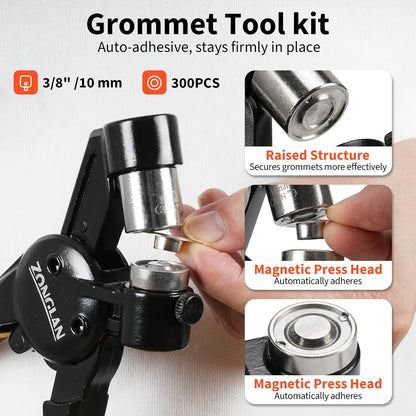 Grommet Tool Kit, 3/8 Inch Handheld Eyelet Kit Hole Punch Grommet Eyelet Press Pliers with 300 Silver Anti-Rust Grommets for Tarp Leather Fabric Tent and So On