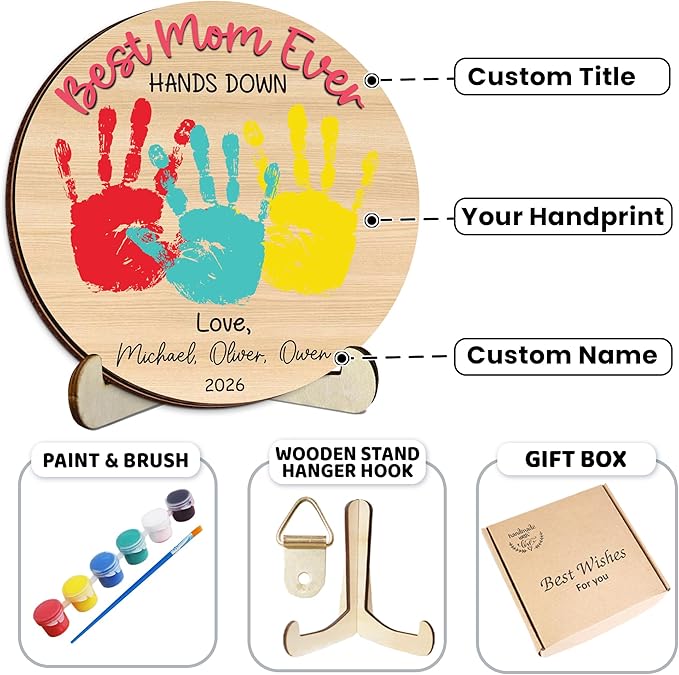 Personalized Hands Down Best Grandma Ever Handprint Kit with Non-Toxic Paint, Family Craft Wooden Sign, Fathers Day Handprint Plaque Keepsake, Valentines Day Birthday Gift for Mom, Dad, Grandma, Nana