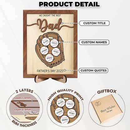 Personalized We Caught the Best Dad Baseball, Gifts Fathers Day from Son, Art Craft Family Keepsake Wood Frame Birthday Softball Gift for Dad Grandpa Daddy Papa, Family Memories Sign with Kids Names