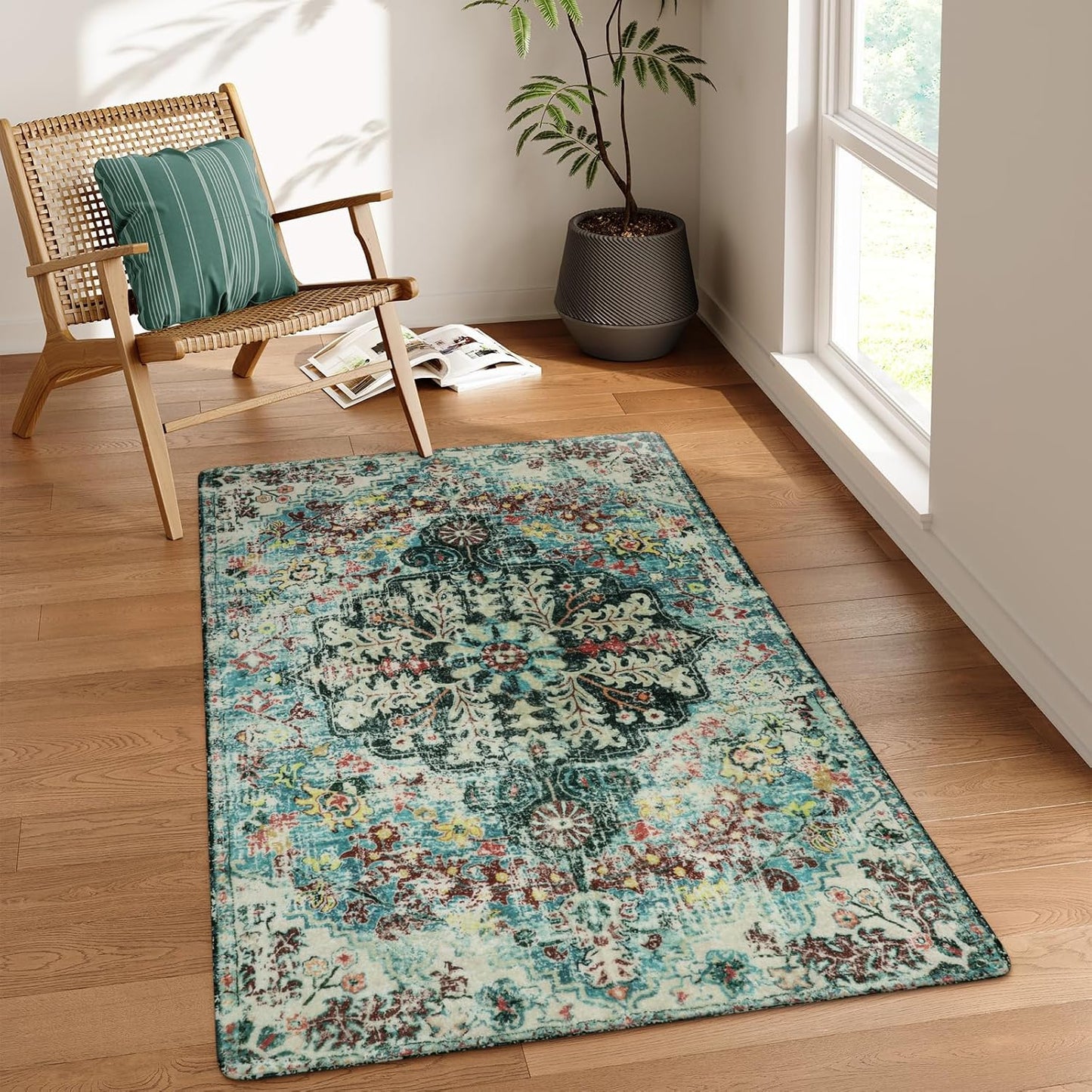 Lahome Bohemian Floral Medallion Area Rug - 3x5 Washable Bedroom Rug Entryway Mat, Non Slip Pet Friendly Turkish Nursery Carpet for Kitchen Sink Camper Couch Living Dining Room Office Hardwood