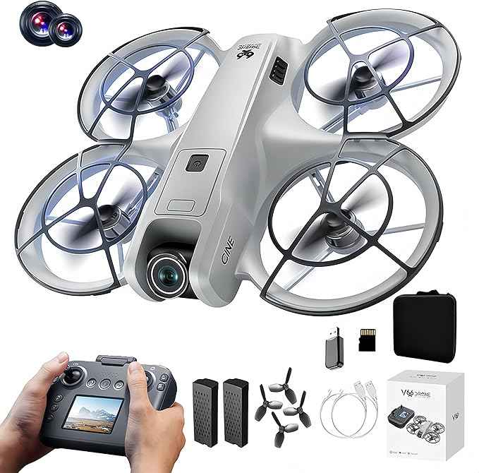 RC Drone with Screen Display Remote Control, Propeller Guard, Dual Camera, Speed Adjustment, Altitude Hold, One-Key Takeoff, 3D Flips, 2 Batteries, Helicopter Airplane, Hovering, Brushless Motor, APP Control, LED Lights, for Adult Beginners FPV Quadcop...