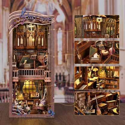 Book Nook Kit Music, DIY Miniature House Kit Book Nook, 3D Wooden Puzzle Bookshelf Insert Diorama Kit with Led Light for Teens and Adults (Timeless Melody)