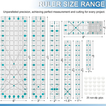 Quilting Ruler, Sewing Ruler, 8 Pack, Acrylic Quilting Templates(6"x17", 3"x17", 2"x16", 1.5"x12", 1"x12", 1"x6", 8"x3"), Non Slip Rings 25 Pieces, Sewing and Quilting Supplies - Clear/Blue