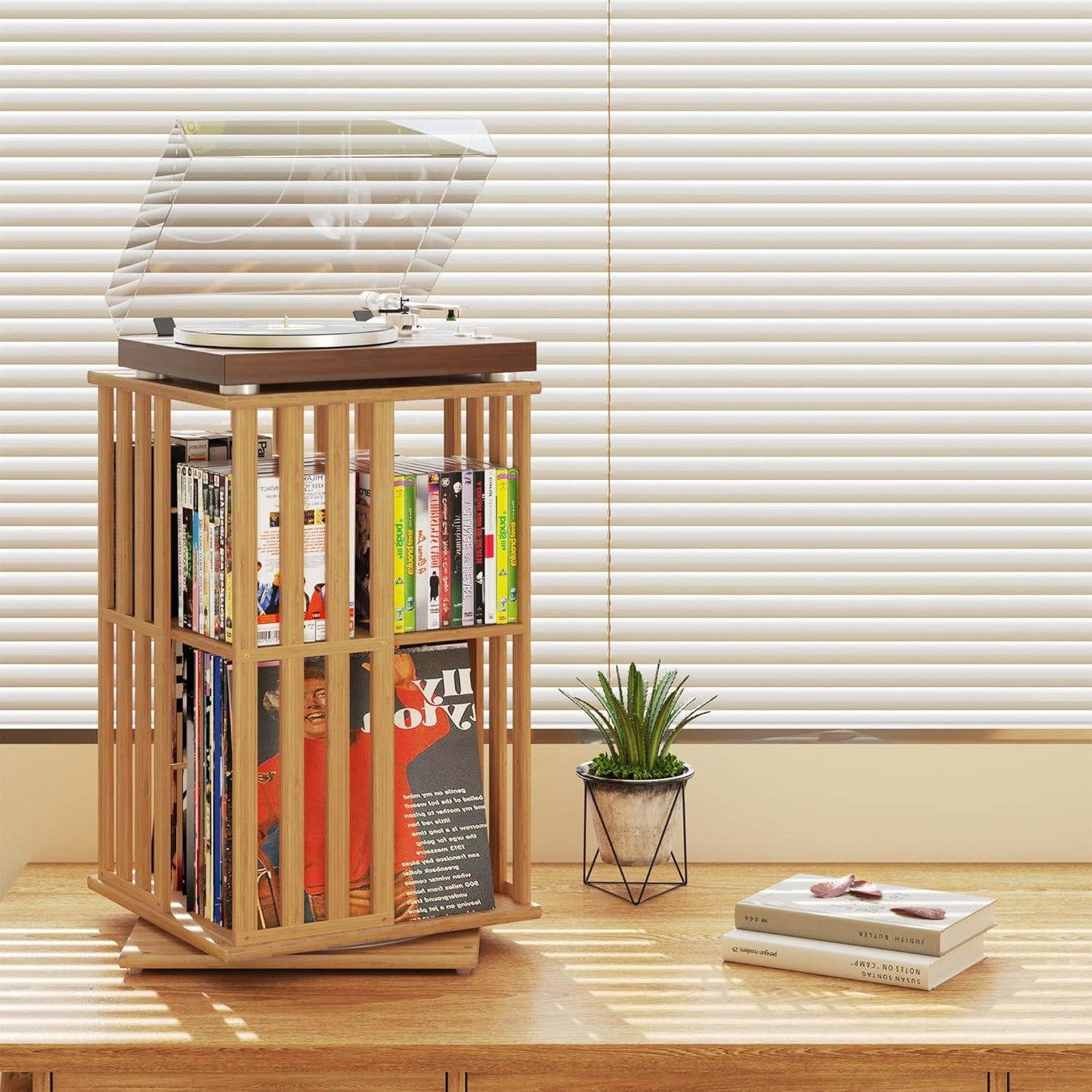 XIMN 360° Rotating Bamboo CD/DVD Shelf - 6-Tier Space-Saving Media Storage Cabinet for Movies, Organizer with Super Compact Design (Nature, 2 Tier)