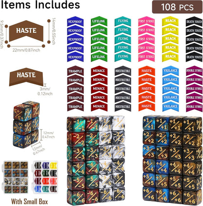 SIXPOINTS 108PCS 12mm MTG Counter Dice +1/+1 Tokens 6 Sided Dice & MTG Keyword Counters Tokens Set for Magic The Gathering, MTG, TCG, Card Games Accessories (4 Color Dices#F + MTG Keyword Counters)