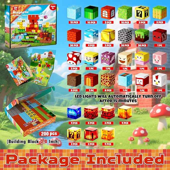 200PCS Magnetic Blocks with Light Blocks - Magnetic Blocks for Kids Ages 4 5 6 7 8, Magnetic Building Cubes, Magnetic Building Block, Christmas Birthday Gifts for 3-10 Years Old Boy Girls, STEM Toy