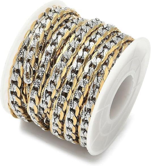 LiQunSweet 16.4 Feet(5m) Double Color 304 Stainless Steel Cuban Curb Chain Roll Golden Plated Cuban Chain Roll for Bracelet Necklace Jewelry Making DIY - 9x6mm