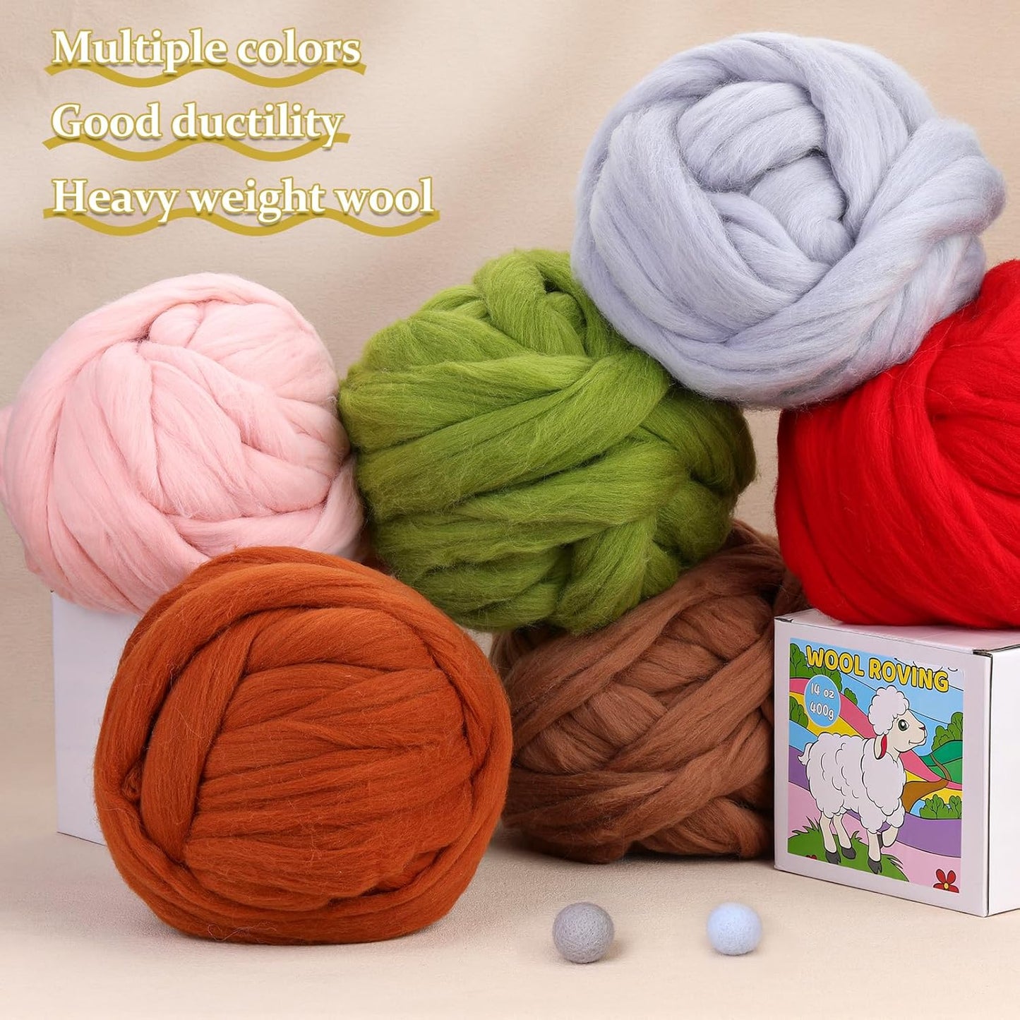 QMNNMA Wool Roving 0.88 lb (14.1 Ounces), Colored Natural Wool Roving for Spinning, Soft Chunky Yarn for Wool Felting, Felting Pad, Felting Supply, Wool Yarn Bulk, Carded Stuffing