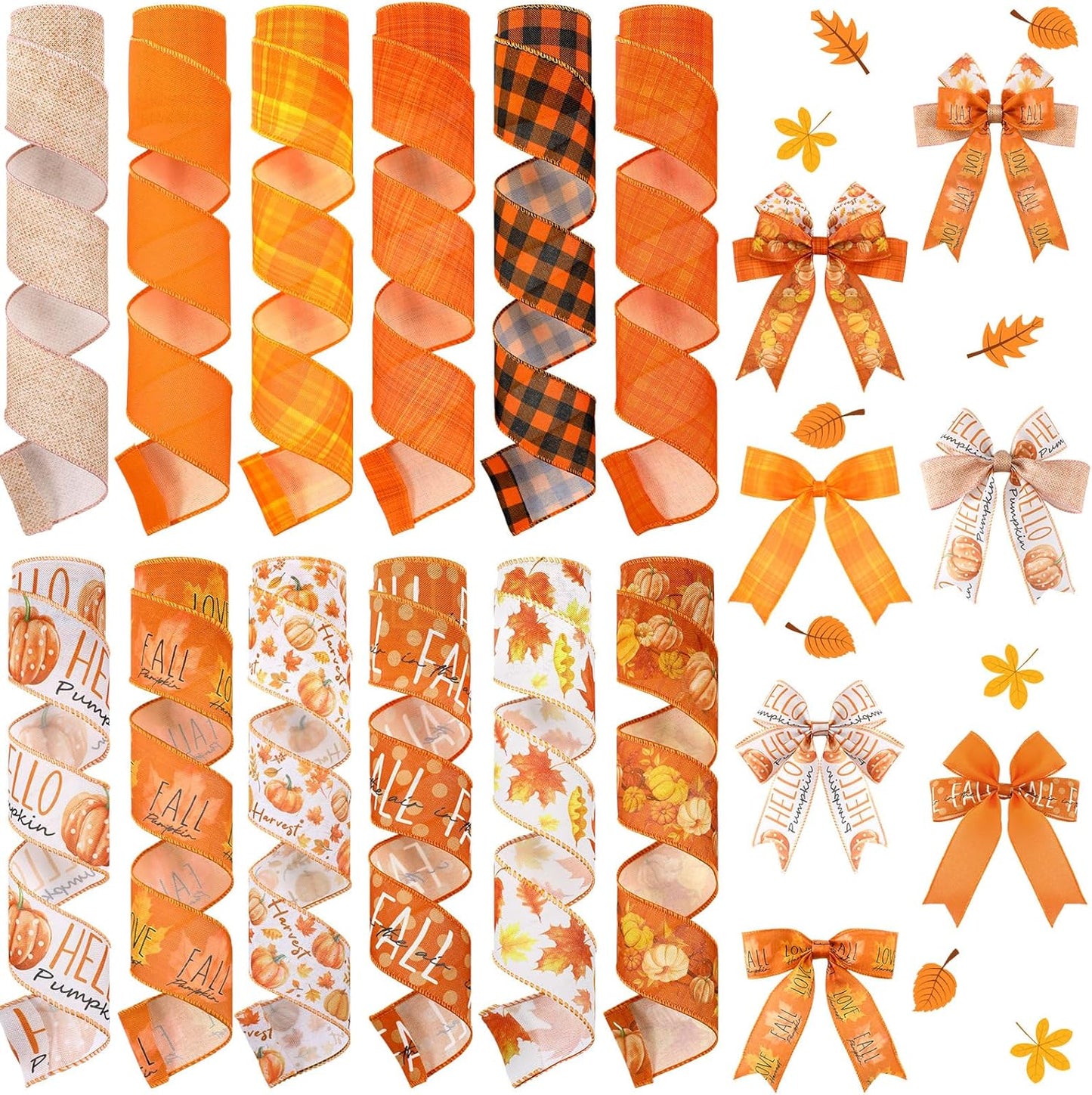 12 Rolls Fall Wired Edge Ribbon for Wreaths 2 Inch x 60 Yards Maple Leaves Pumpkin Burlap Ribbon Thanksgiving Plaid Crafts for Autumn Harvest Party Decoration Supplies, 12 Styles - Crafty Corner