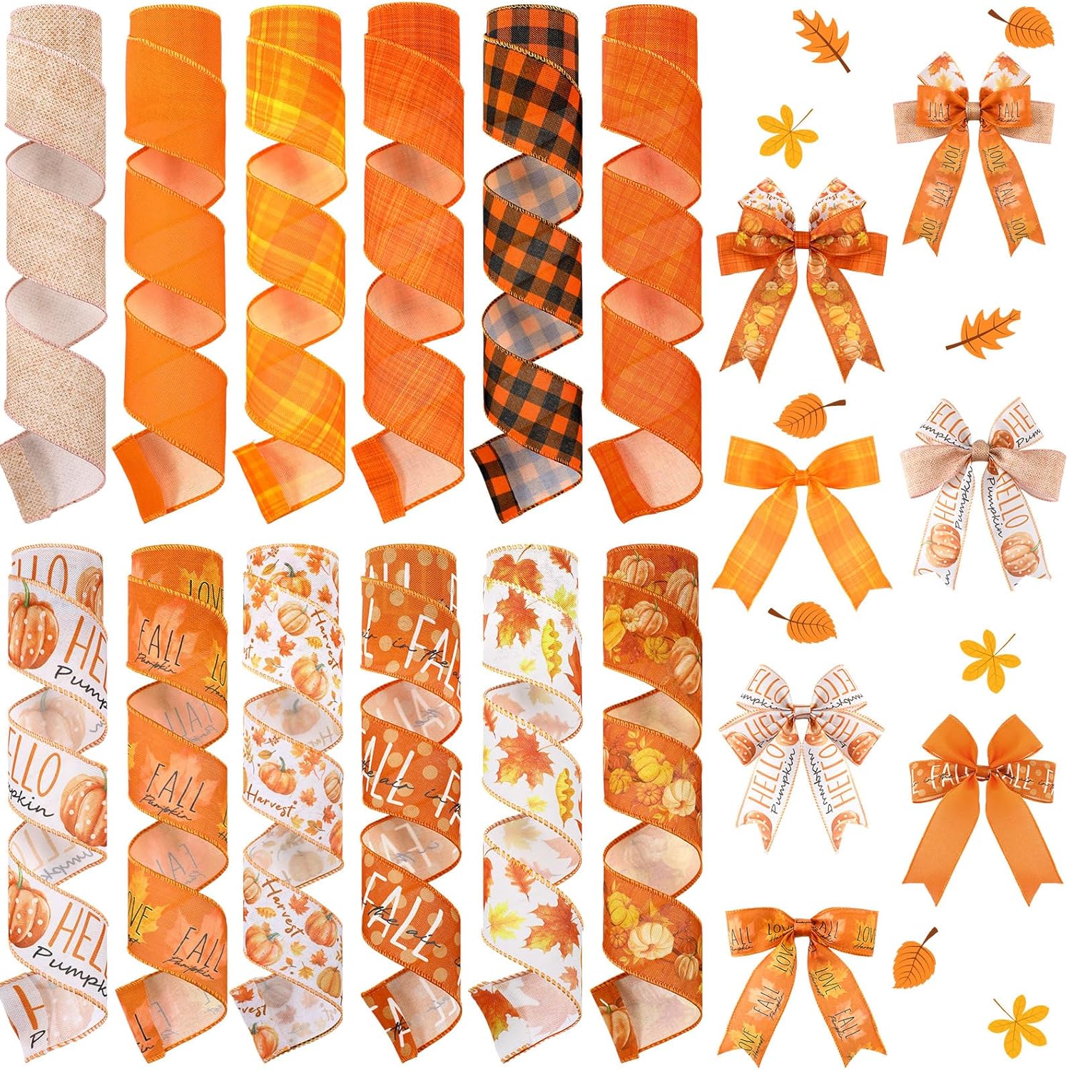 12 Rolls Fall Wired Edge Ribbon for Wreaths 2 Inch x 60 Yards Maple Leaves Pumpkin Burlap Ribbon Thanksgiving Plaid Crafts for Autumn Harvest Party Decoration Supplies, 12 Styles - Crafty Corner