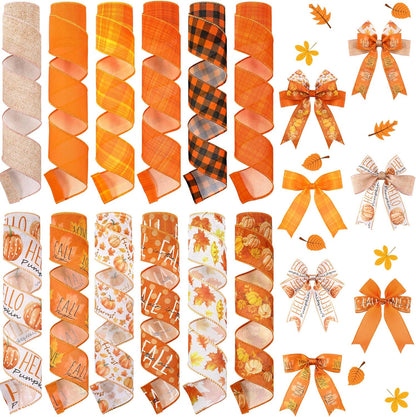 12 Rolls Fall Wired Edge Ribbon for Wreaths 2 Inch x 60 Yards Maple Leaves Pumpkin Burlap Ribbon Thanksgiving Plaid Crafts for Autumn Harvest Party Decoration Supplies, 12 Styles - Crafty Corner