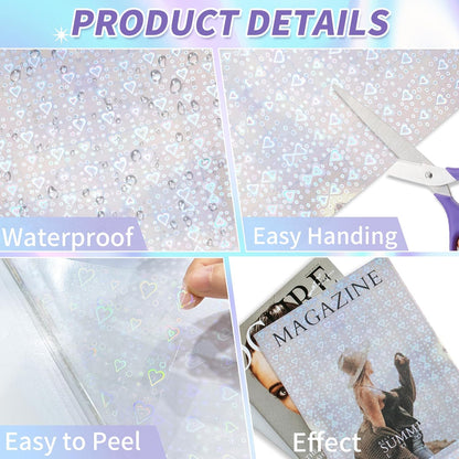 36 Sheets Holographic Sticker Paper,Holographic Laminate Sheets,A4 Size Clear Vinyl Sticker Sheets Self-Adhesive Rainbow Overlay Sheets,11.7 x 8.3 Inches（Heart）