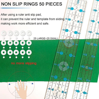 Quilting Ruler, Sewing Ruler, 8 Pack, Acrylic Quilting Templates(6"x17", 3"x17", 2"x16", 1.5"x12", 1"x12", 1"x6", 8"x3"), Non Slip Rings 25 Pieces, Sewing and Quilting Supplies - Clear/Blue