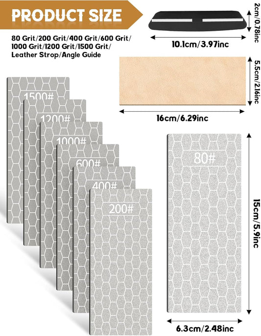 9PCS Diamond Sharpening Stones, Kalolary Knife Sharpener Stone Grit Diamond Sharpener Plate with Angle Guide Leather Strop Non-slip Base for Kitchen Outdoor Knife (80/200/400/600/1000/1200/1500 Grit)