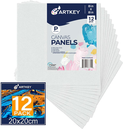 Canvas Panels 8x8 Inch 24-Pack, 10 oz Primed 100% Cotton White Blank Small Canvases for Painting, Square Flat Canvas Board for Oil Acrylics Watercolor & Tempera Paints
