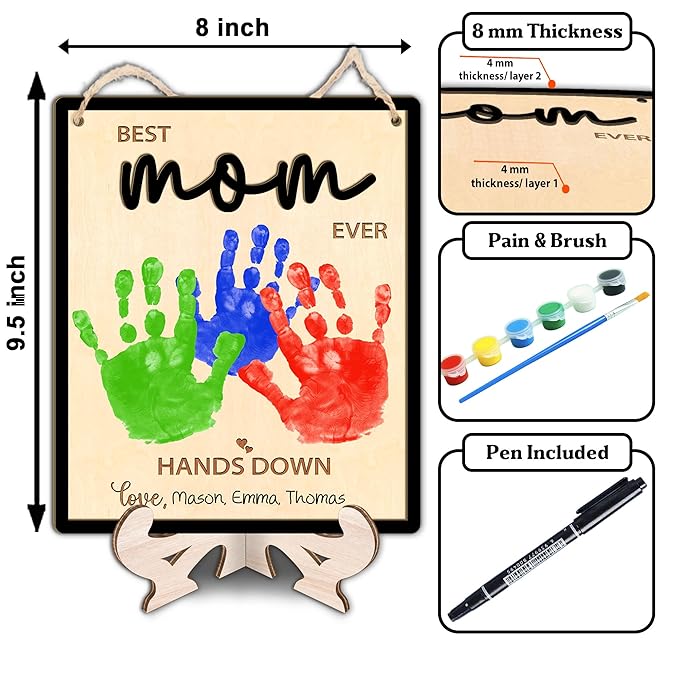 Mommy Handprint Art Sign, DIY Mothers Day Handprint Plaque and Keychain Set, Family Handprints Sign, Birthday Mother's Day Gifts for Mom from Kids, Crafts Keepsake Memory, Best Mom Ever Hands Down
