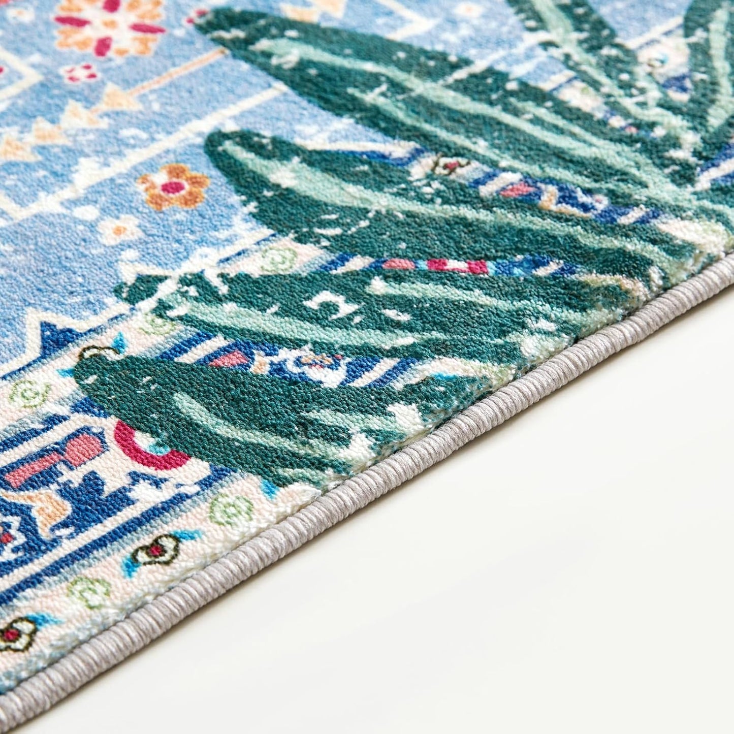 Washable Blue Rugs Thin Oriental Boho Vintage Tropical Jungle 8x10 Area Rugs for Bedroom Kitchen Dining Living Room Office Distressed Indoor Large Carpet
