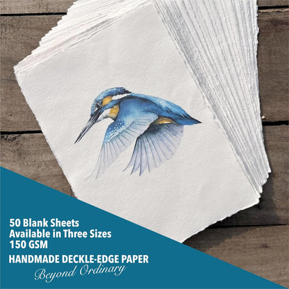 Wanderings Handmade A6 Cream Mixed Media Paper with Deckle Edge - 4x6-150 GSM -Colored Cold Press Textured Paper Made with Recycled Cotton for Crafts Card Making Sketching Watercolor - 50 Sheets