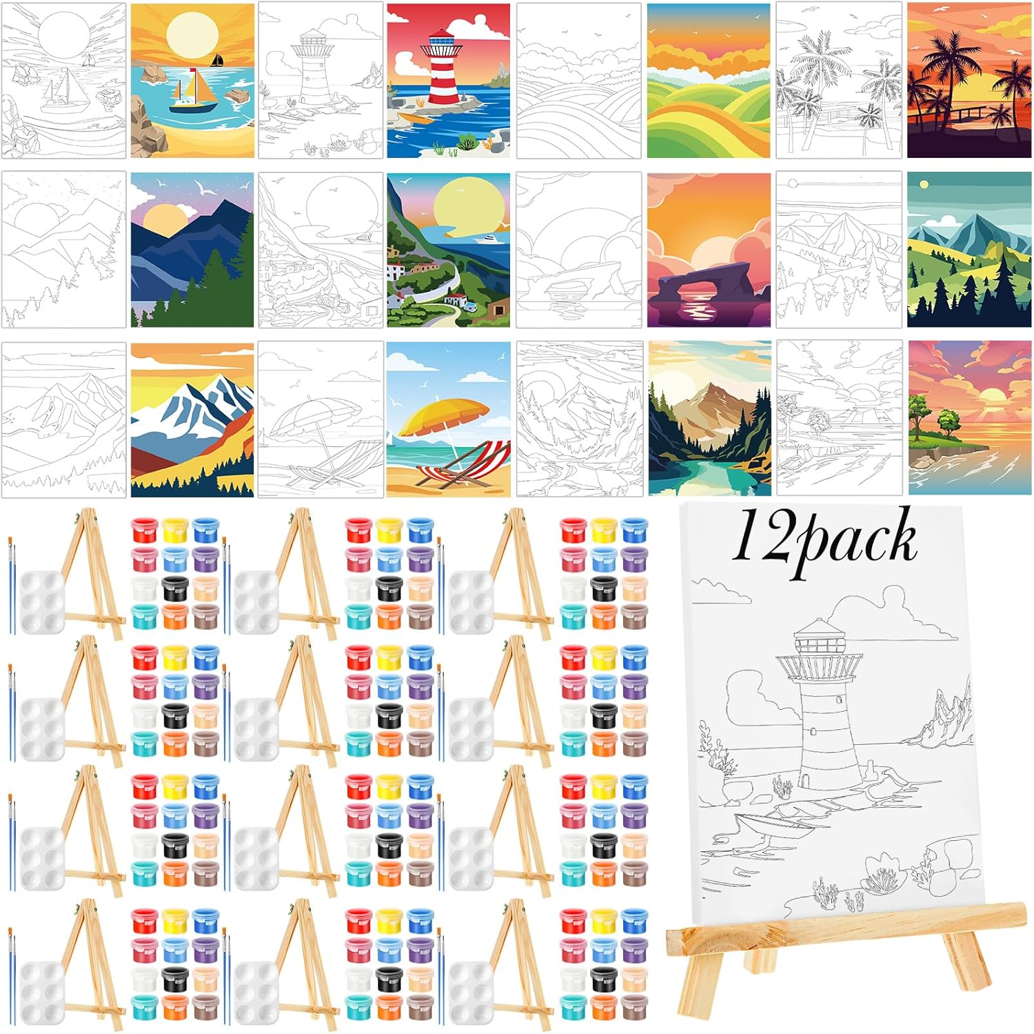 Zhanmai 12 Pack Pre Drawn Canvas for Painting Sip and Paint Kit 8" x 10" Paint Party Set Canvas Painting Pre Printed Canvases for Party Favor DIY Virtual Adult's Date Night(Landscape) - Crafty Corner