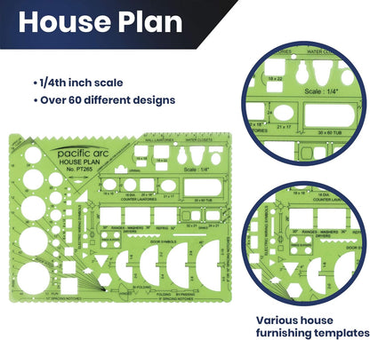Pacific Arc House Plans Templates Guide, with Stairs, Doors, Plumbing, Kitchen Appliances, and Roof Pitch Gauge, Scale of 1/4 Inch to 1 Foot