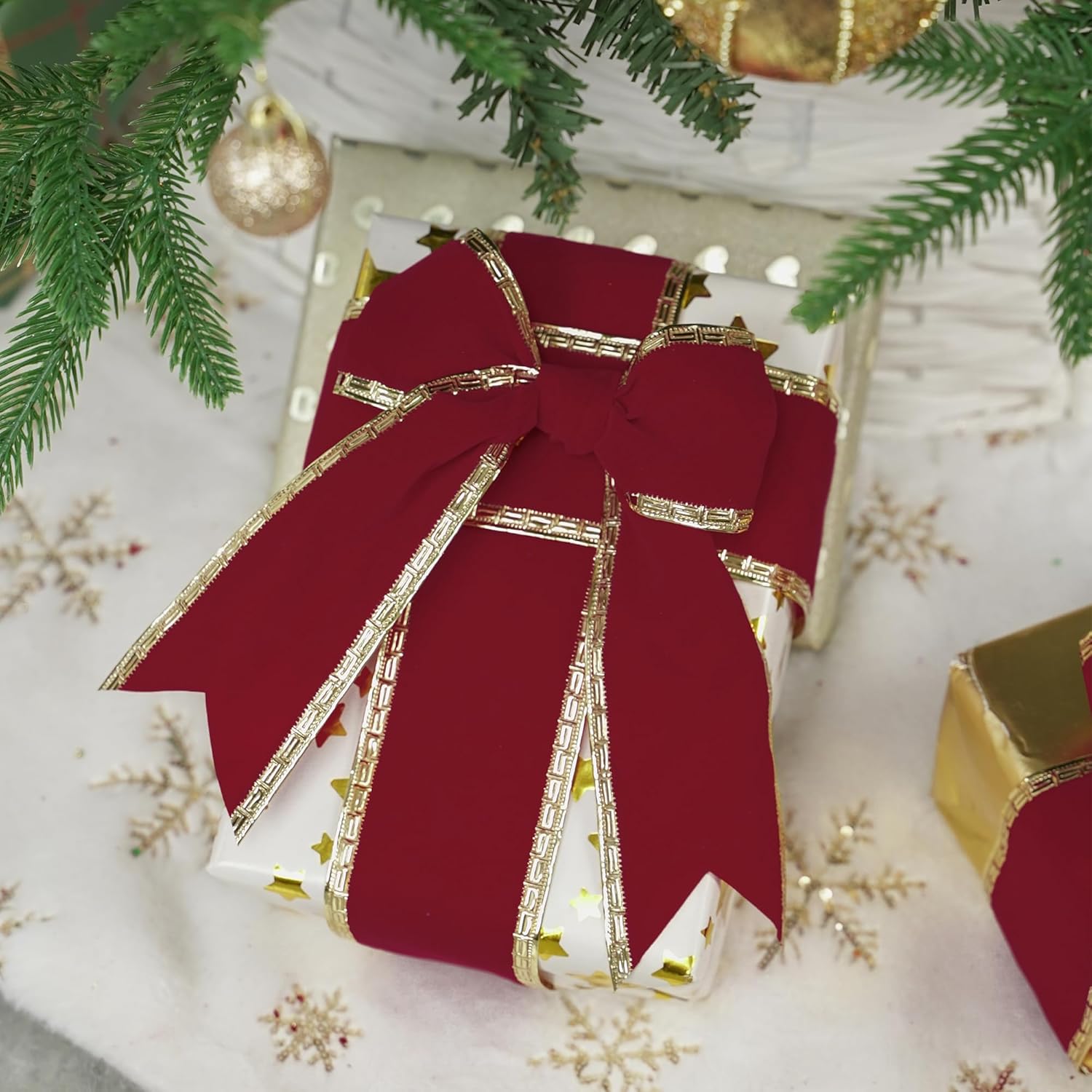MEEDEE Burgundy Velvet 2.5 Inch Dark Red Christmas Ribbon 10 Yards Wired with Gold Greek Key Edge for Tree Decoration - Crafty Corner