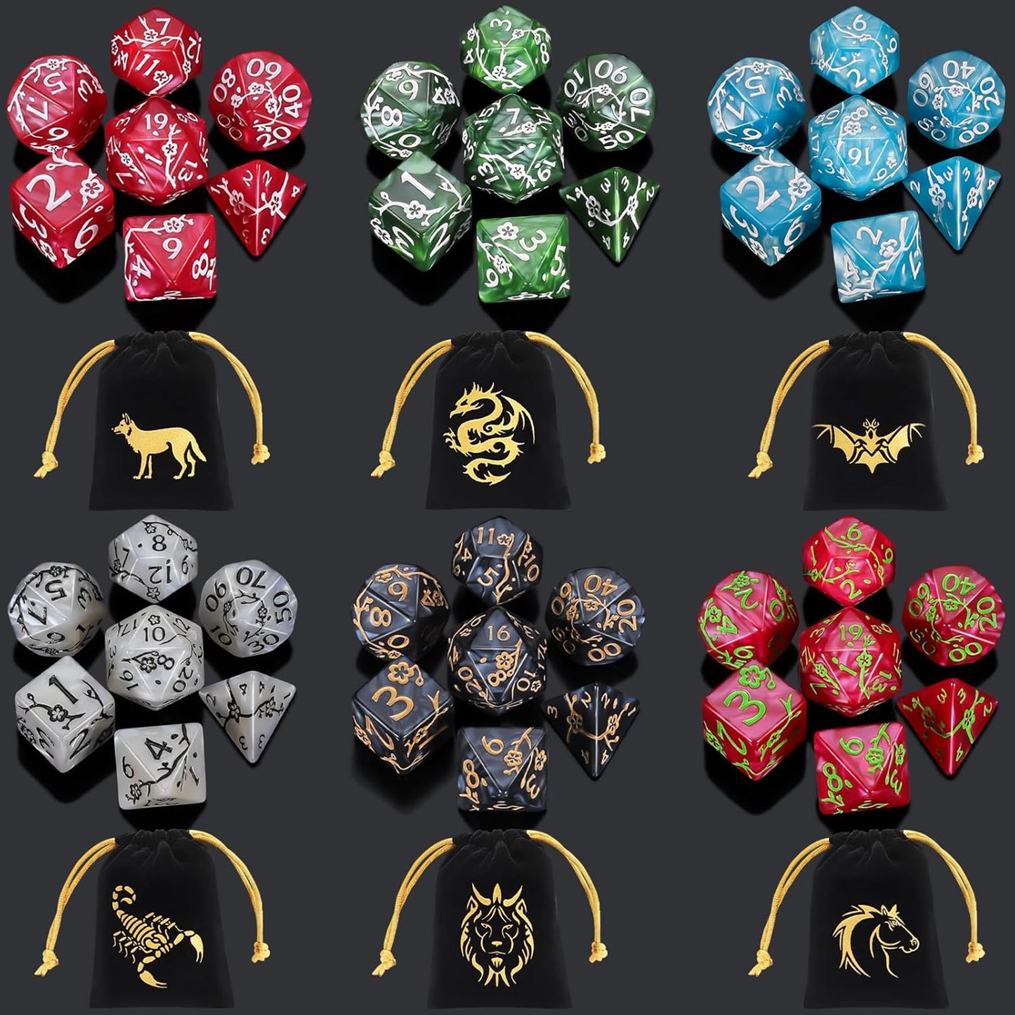 CiaraQ Polyhedral Dice Set (42pc) with 6 Drawstring Dice Pouches for Dungeons and Dragons RPG MTG Table Games. 6 Sets of Plum Blossom Pattern Role Playing Dice