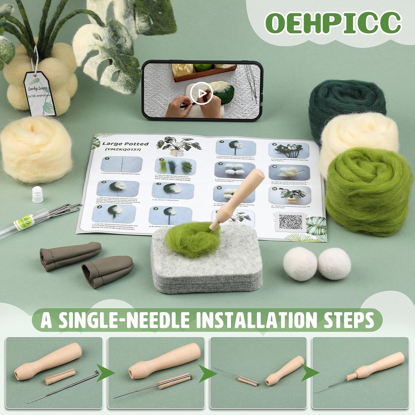 OEHPICC Needle Felting Kit for Beginners, Monstera Potted Plant Felt Kit, Wool Felting Kit with Felting Needles, Felting Pad and Instructions, Perfect for Office Indoor Greenery Present Idea