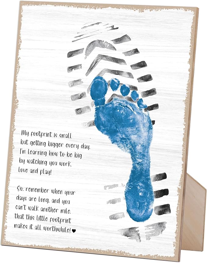 Farmhouse Fathers Day Footprint Art Wooden Sign with Stand and Hook, 9x12 Inch, DIY My First Father Day Crafts Keepsake, Personalized Gifts for Dad Daddy from Wife Daughter & Son