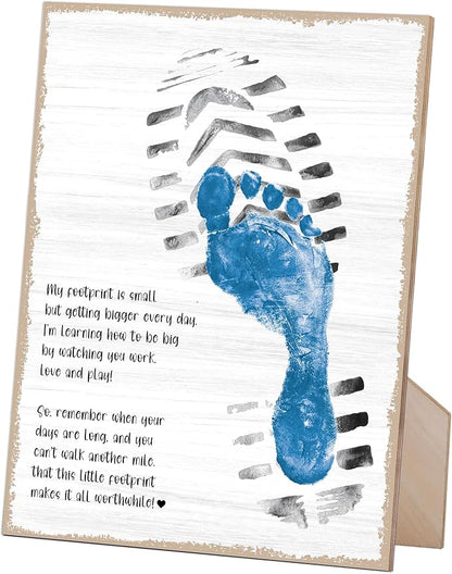 Farmhouse Fathers Day Footprint Art Wooden Sign with Stand and Hook, 9x12 Inch, DIY My First Father Day Crafts Keepsake, Personalized Gifts for Dad Daddy from Wife Daughter & Son