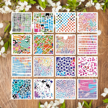 16Pcs Layering Stencils for Painting, 6"x6" Paint Stencils Mixed Texture Bubble Dot Waves Stone Crackle Splatter Geometric Stencil, Stencil for Painting on Wood DIY Art Crafts