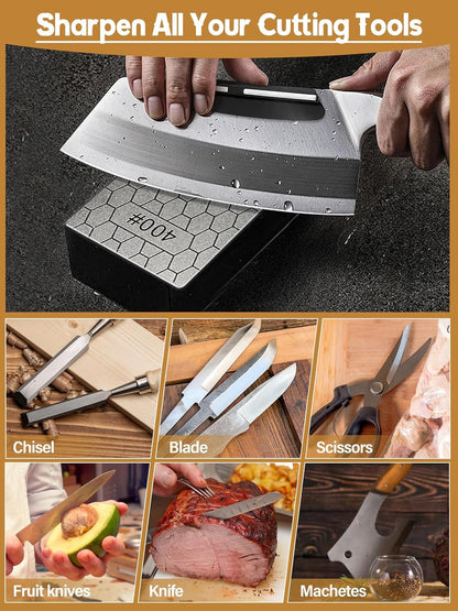 9PCS Diamond Sharpening Stones, Kalolary Knife Sharpener Stone Grit Diamond Sharpener Plate with Angle Guide Leather Strop Non-slip Base for Kitchen Outdoor Knife (80/200/400/600/1000/1200/1500 Grit)