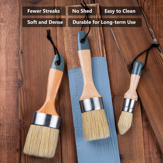 Mister Rui Chalk Paint Brushes, 3 Pack Wax Brush Set, Round Paint Brush Use with All Paints, Natural Bristle Brush for Painting, Stencils, Waxing, Home Decor, DIY Art Crafts