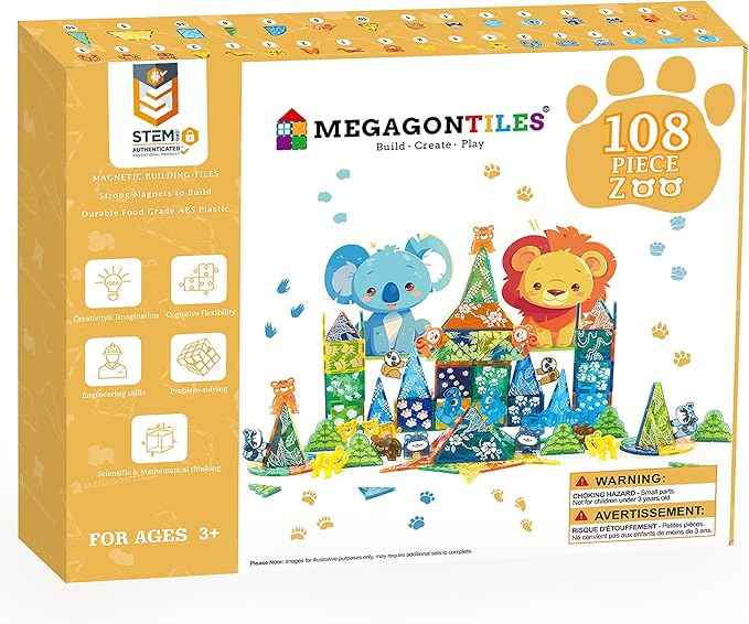 Zoo Animals Magnetic Tiles Set 108PCS | STEM-Authenticated Magnetic Building Blocks with Animal Figures | Educational Construction Toy for Toddlers & Kids Ages 3–8 (Boys & Girls)