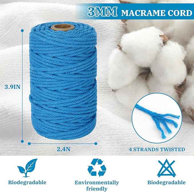Macrame Cord 3mm x 164 Yards, 3 Rolls Blue Colored Macrame Cotton Cord Rope Kit Macrame Yarns Bulk String 4 Strands Twisted for Wall Hanger Plant Hanging DIY Crafts Knitting Macrame Supplies