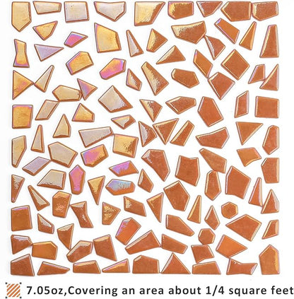Youway Style Iridescent Glass Mosaic Tiles for Crafts Bulk,200g Orange Broken Mosaic Glass Pieces for Garden Crafts Kits,DIY Mosaic Art Decor