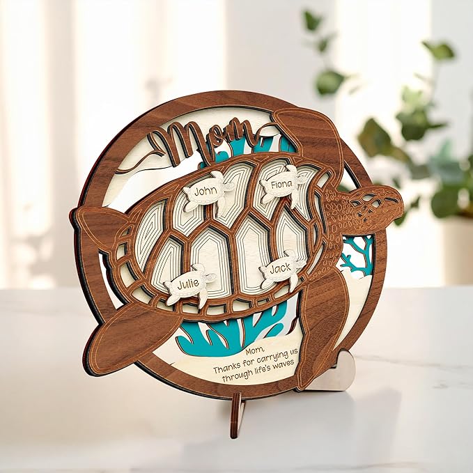 Personalized Sea Turtle Family Sign for Mom, Custom Wooden Little Turtles Plaque with Kids Names, Mother’s Day Birthday Gift for Mom, Grandma, Memaw, Turtle Gifts for Women, Office Home Decor