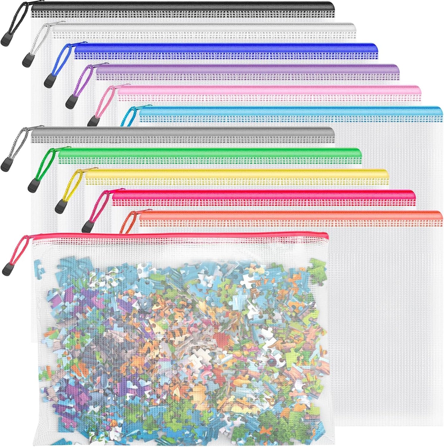 Umriox Mesh Zipper Pouch Puzzle Bags, 13.0x9.0 in (12 Colors, 12 Packs), Letter Size A4 Size Zipper Bags for Office Supplies Travel Accessories