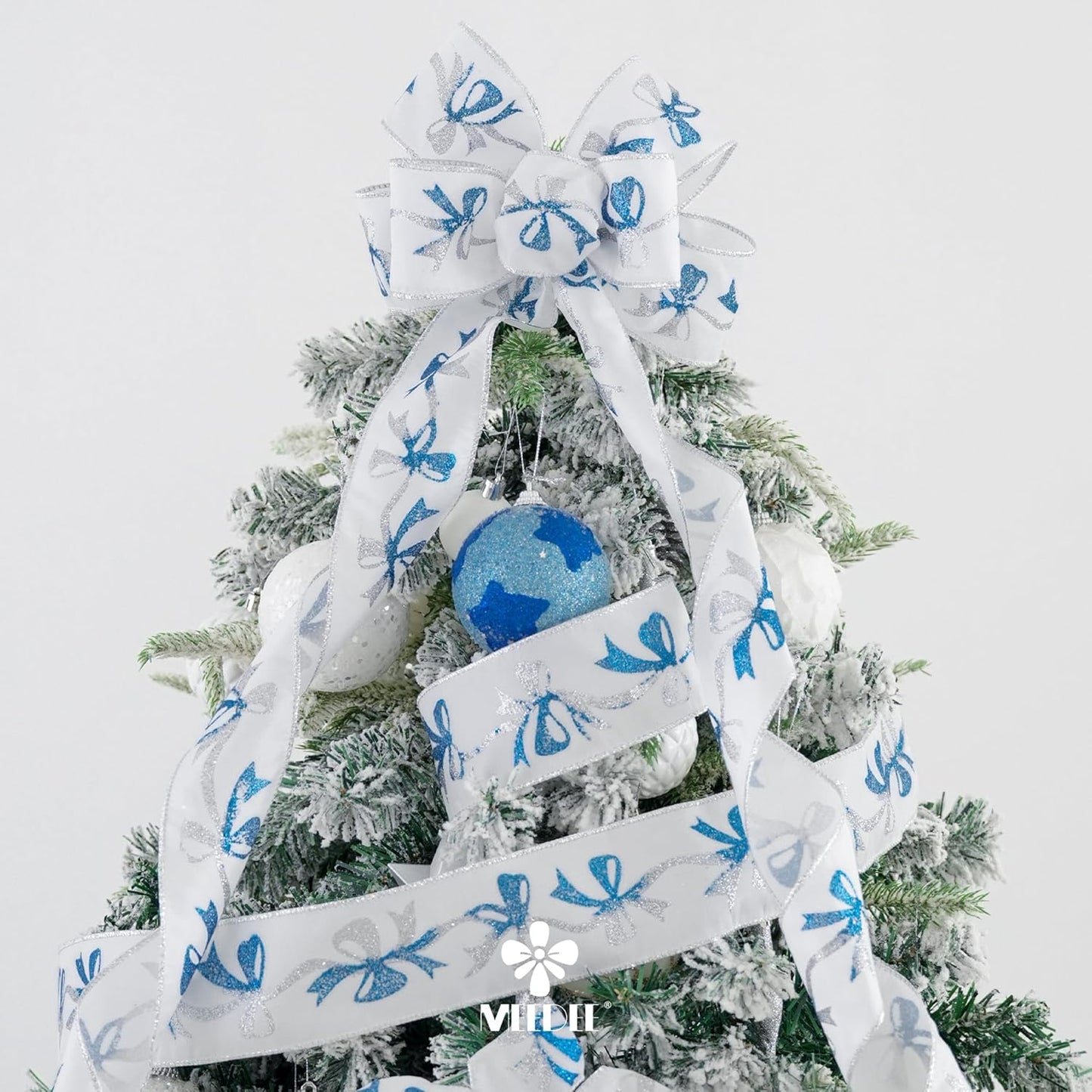 MEEDEE Blue & Silver Christmas Ribbon, 2.5 Inch Wired Satin Ribbon with Turquoise & Silver Glittery Bows, 10 Yards (30 Feet), Perfect for Tree, Garlands, Toppers & Bows - Crafty Corner