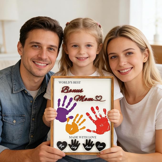 Bonus Mom Gifts DIY Handprint Kit Personalized Keepsake Frame, Gifts for Stepmom Step Mother Christmas Birthday Mother Gift, Bonus Mom Gift from Daughter Son Family Craft
